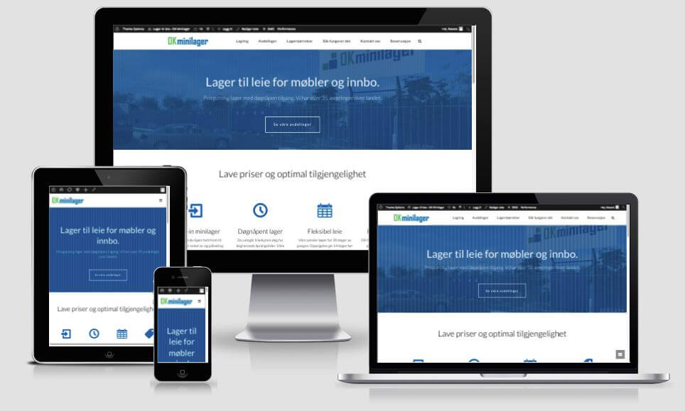Nettsiden til OK Minilager på forskjellige typer plattformer, blant annet PC og mobil